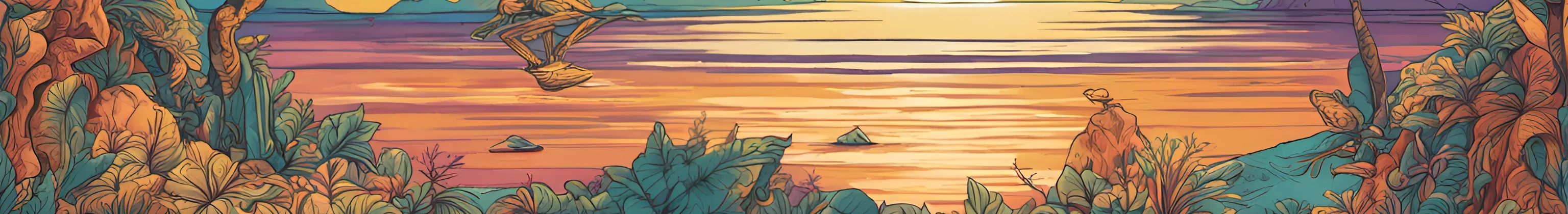 Vibrant website banner showcasing the essence of the Mexican coast. Lush tropical flora frames the renowned Acapulco Gold strain, against a captivating sunrise. The radiant sun suggests daytime use. Abstract elements convey Cognitive Exploration, Creative Endeavors, Meditation, Mindfulness, Rest, Relaxation, and Social Interaction subtly woven into the scenery.