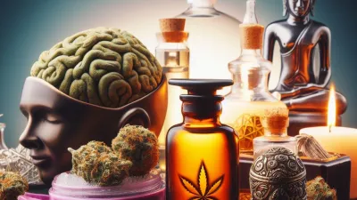 Cannabis and Aromatherapy and various statues accompanied by lit candles.